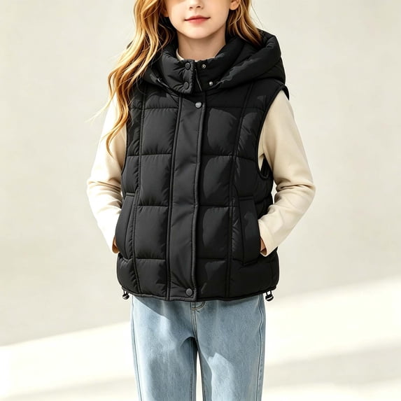 LOINRODI Girls Puffer Vest, Quilted Hooded Snap Button Sleeveless Warm Padded Outerwear for Cold Weather Black Size 5-6