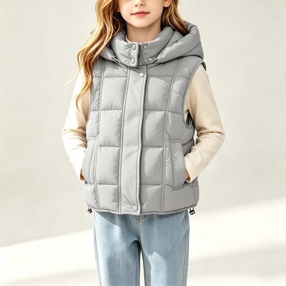 LOINRODI Girls Puffer Vest, Quilted Snap Button Sleeveless Hooded Warm Padded Outerwear for Cold Weather Gray Size 9-10