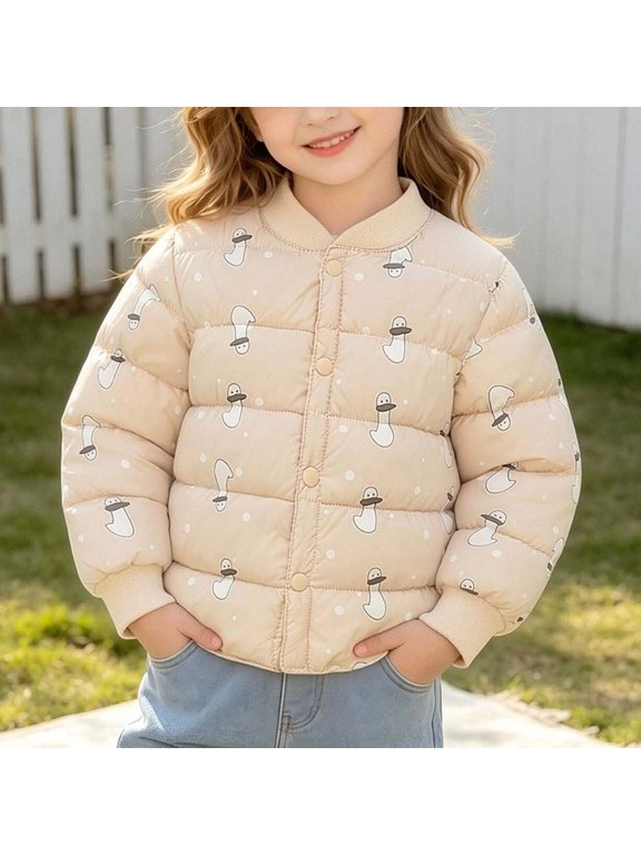 Girls Quilted Puffer Jacket, Lightweight Ribbed Cuff Stand Collar Button Closure Cartoon Print Fall Winter Warm Outerwear Coat Khaki Size 1-2 T
