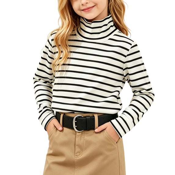 LOINRODI Girls Striped Turtleneck Pullover, Casual Stretch Long Sleeve Slim Fit Basic Layering Fall Winter Tops Black Size 12-13