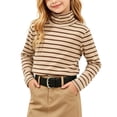 thumbnail image 1 of LOINRODI Girls Striped Turtleneck Pullover, Slim Fit Casual Stretch Long Sleeve Basic Layering Fall Winter Tops Beige Size 7-8, 1 of 9