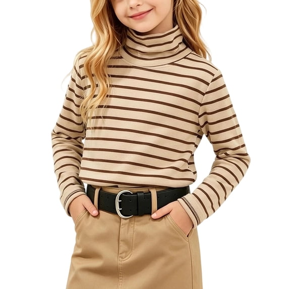 LOINRODI Girls Striped Turtleneck Pullover, Slim Fit Casual Stretch Long Sleeve Basic Layering Fall Winter Tops Beige Size 7-8