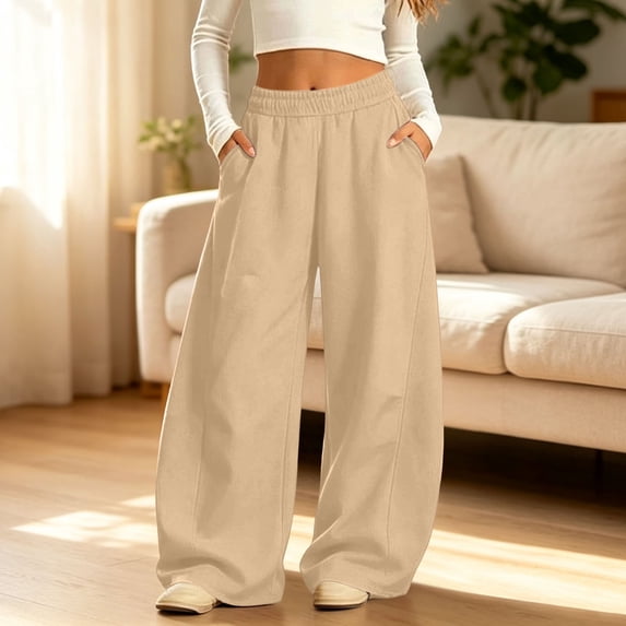 LOINRODI Girls Wide Leg Sweatpants, Solid Color Elastic Waist Side Pockets Loose Fit Casual Kids Baggy Trousers Khaki Size 12-13
