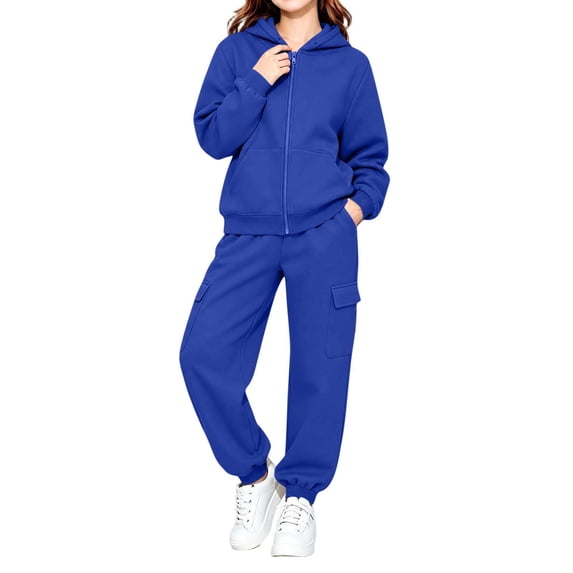 LOINRODI Girls Zip Up Hoodie Tracksuit Set, Long Sleeve Cargo Pocket Solid Color Relaxed Fit 2 PC Outfit Jogger Pants Children Clothes Blue Size 5-6T