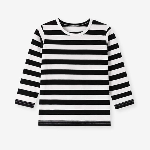 LOINRODI Kids Crew Neck Black White Striped Long Sleeve T-Shirt Stretchy Solid Color Long Sleeve Soft Casual School Layering Basic Top Black 6-7 Years