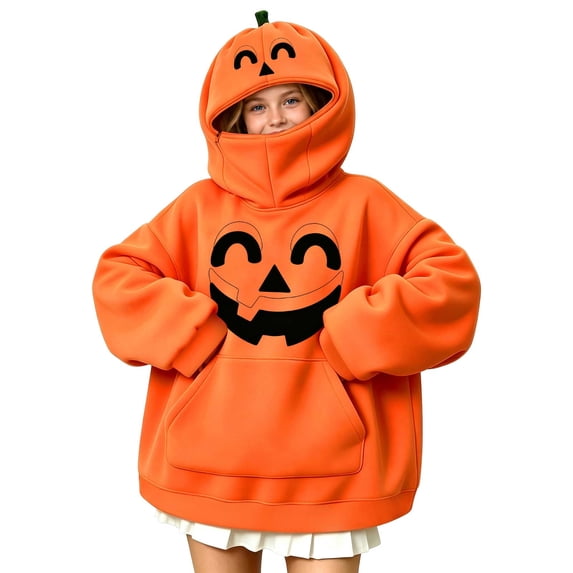 LOINRODI Kids Orange Pumpkin Hooded Sweatshirt Cute Hallowmas Long Sleeve Face Cover Warm Pocket Costume Orange 13 Years