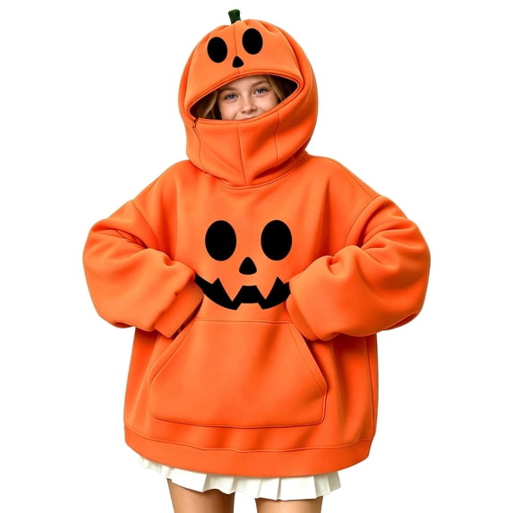 LOINRODI Girls Orange Pumpkin Hooded Sweatshirt Long Sleeve Cute Hallowmas Face Cover Warm Pocket Costume Orange 7 Years