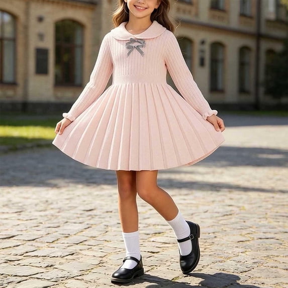 LOINRODI Little Girls Bow Pleated Long Sleeve Knit Dress A-Line Party Cute Stretch Kids Mini Dress Pink 2-3 Years