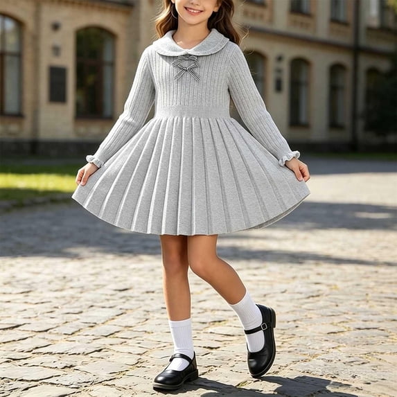 LOINRODI Little Girls Bow Pleated Long Sleeve Knit Dress Stretch Cute A-Line Party Kids Mini Dress Gray 1-2 Years
