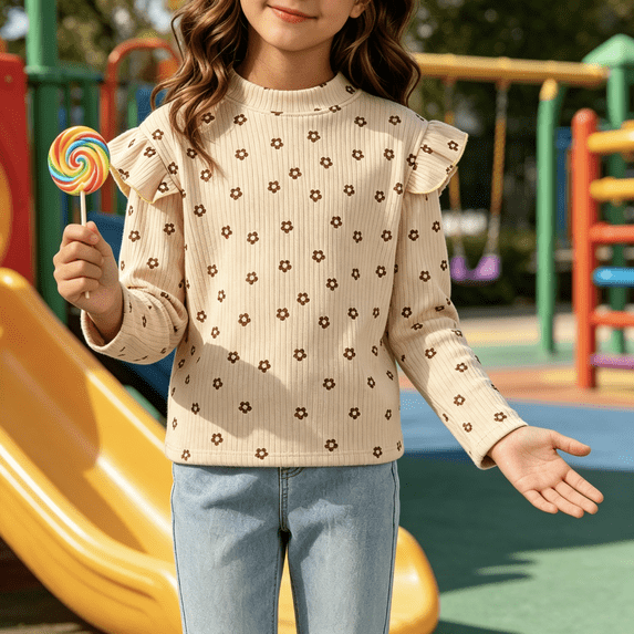 LOINRODI Little Girls Cute Print Ruffle Ribbed Long Sleeve Top Fashion Mock Neck Long Sleeve Soft Fall Casual Kids Blouse Beige 5-6 Years