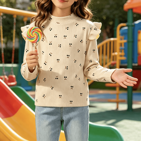 LOINRODI Little Girls Cute Print Ruffle Ribbed Long Sleeve Top Soft Fashion Long Sleeve Mock Neck Fall Casual Kids Blouse White 1-2 Years