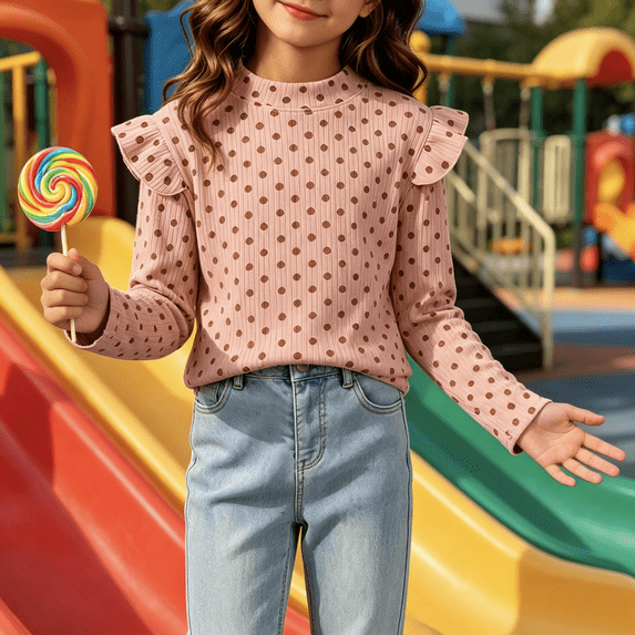 LOINRODI Little Girls Cute Print Ruffle Ribbed Long Sleeve Top Soft Long Sleeve Mock Neck Fashion Fall Casual Kids Blouse Pink 8 Years