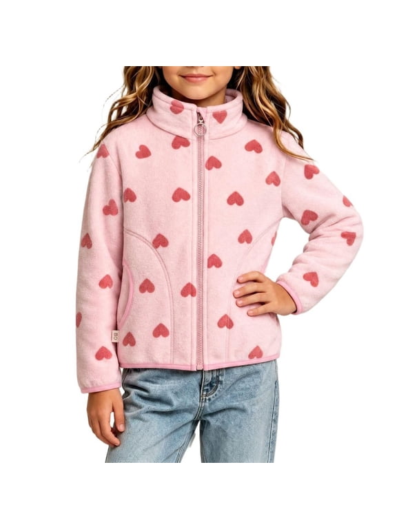 Little Girls Heart Print Zip Up Fleece Jacket Zip Up Stand Collar Pocket Warm Breathable Outerwear for Kids Red 3-4 Years