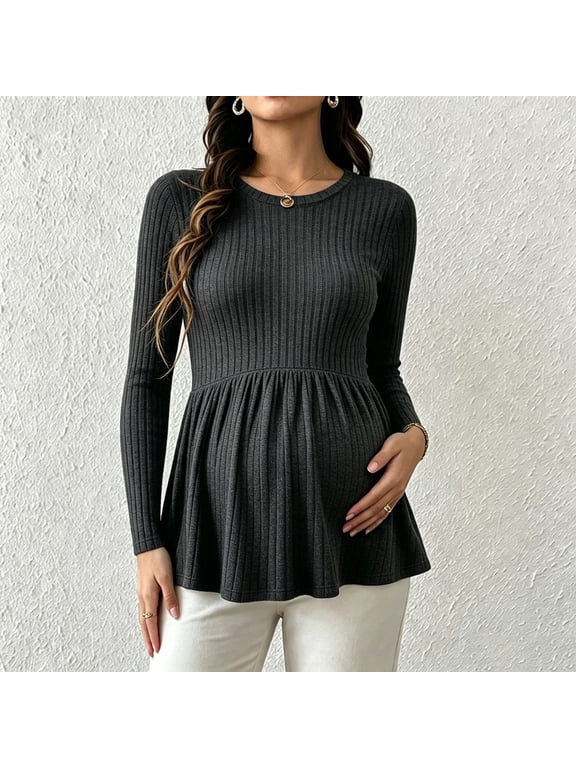 Women's Maternity Peplum Tops, Ribbed Knit Long Sleeve Crewneck Stretchy Flowy Tunic Pregnancy Shirts for Daily Wear Black