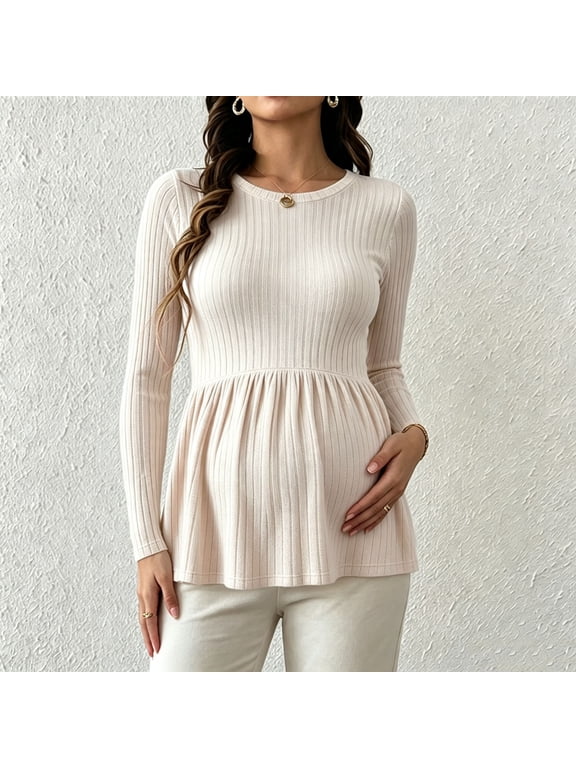 Women's Maternity Peplum Tops, Stretchy Crewneck Ribbed Knit Long Sleeve Flowy Tunic Pregnancy Shirts for Daily Wear Beige