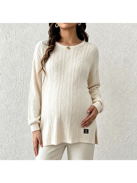Womens Cable Knit Maternity Tunic, Long Sleeve Crewneck Side Slit Relaxed Fit Soft Pullover Pregnancy Top for Fall Winter Beige