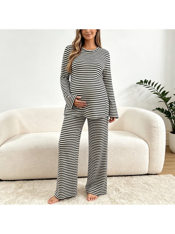 Womens Maternity Loungewear Set, Crewneck Breastfeeding Friendly Wide Leg Long Sleeve Adjustable Waist Striped Postpartum Outfit for Expecting Moms Black