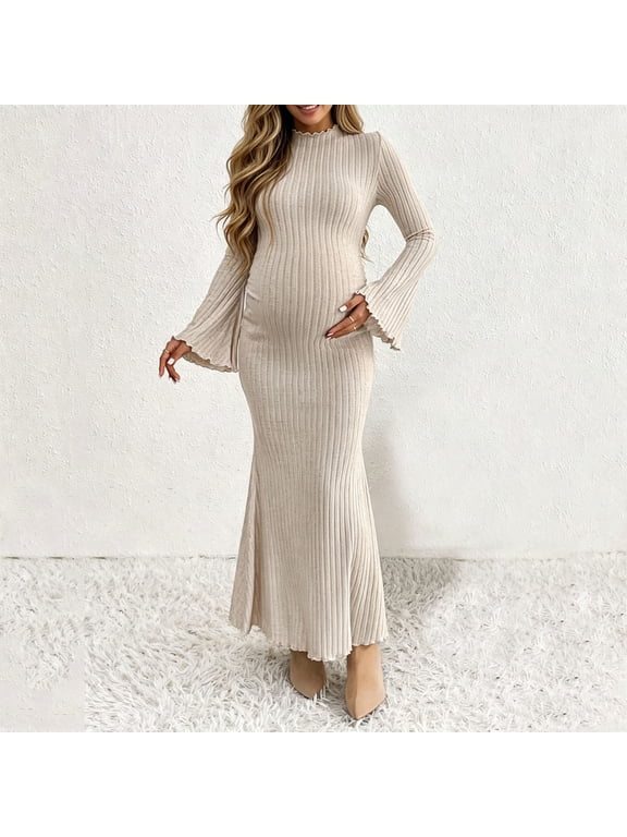 Womens Maternity Maxi Dress, Ribbed Mermaid Hem Flare Sleeve Mock Neck Bodycon Long Dress for Baby Shower Photoshoot Beige Size XL