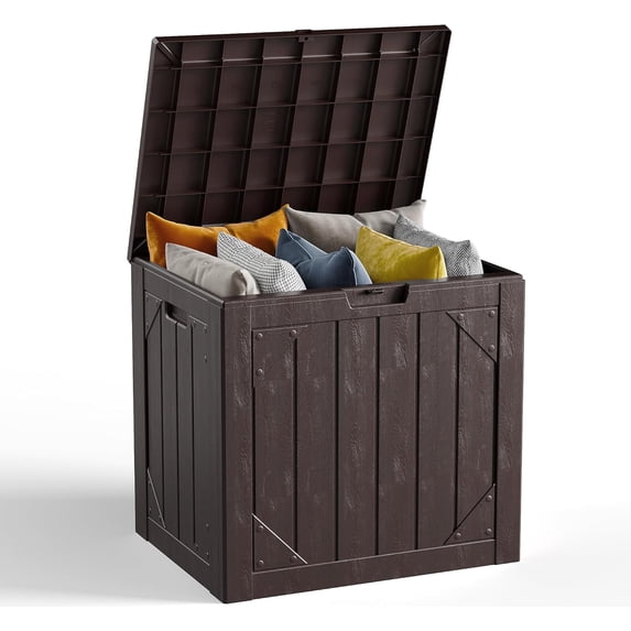 LOJIAWOWE 30 Gallon Outdoor Deck Box, Lockable Waterproof Storage Box for Patio Cushions & Garden Tools, Weatherproof Deck Storage Container with Tool-Free Assembly (Brown)