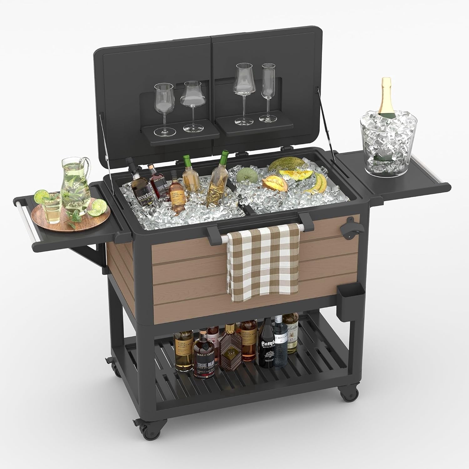LOJIAWOWE  104 Qt Patio Cooler Cart with Wheels Easy Assembly in 30 Min Heavy Duty Rolling Ice Chest with Built-in Cup Holders and Side Tray for Outdoor BBQ Pool Party Brown