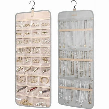 LOKASIU Hanging Jewelry Organizer Storage Roll with Hanger Metal Hooks Double-Sided Jewelry Holder for Earrings, Necklaces, Rings on Closet, Wall, Door, 1 piece