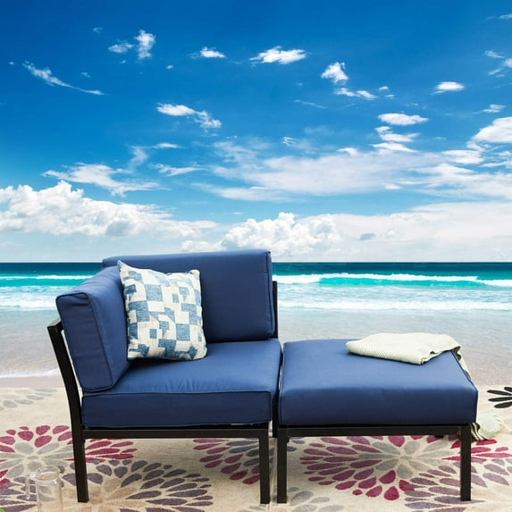 LOKATSE HOME 2 Piece Patio Furniture Set Sectional Balcony Corner Outdoor Loveseat Couch Armchiar Sofa with Ottoman Metal Steel Frame, Blue