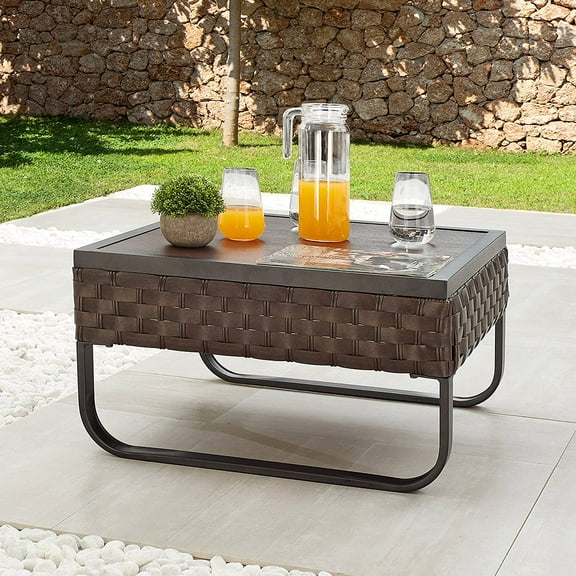 LOKATSE HOME Patio Dining Furniture Outdoor Square Bistro Side Coffee Table with Rattan Wicker Metal Slatted Steel Frame Aluminum Plastic Plate Wood Grain Desktop, Brown