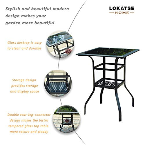 LOKATSE HOME Square 2Tier Side Tea Small Patio Table, Tempered Glass