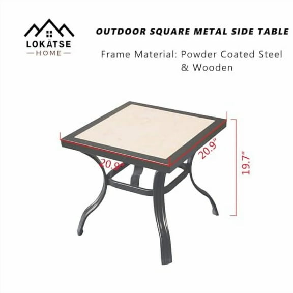LOKATSE Home 21" Outdoor Square Patio Bistro End Table Metal Steel Legs with Ceramics Top, Black