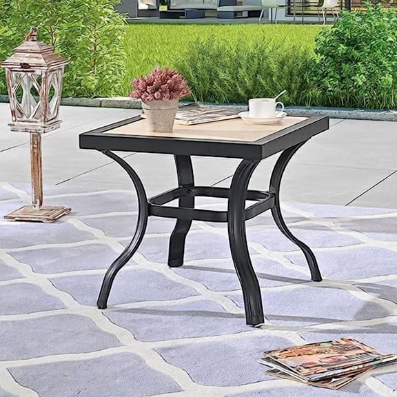 LOKATSE Home 21" Outdoor Square Patio Bistro End Table Metal Steel Legs with Ceramics Top, Black