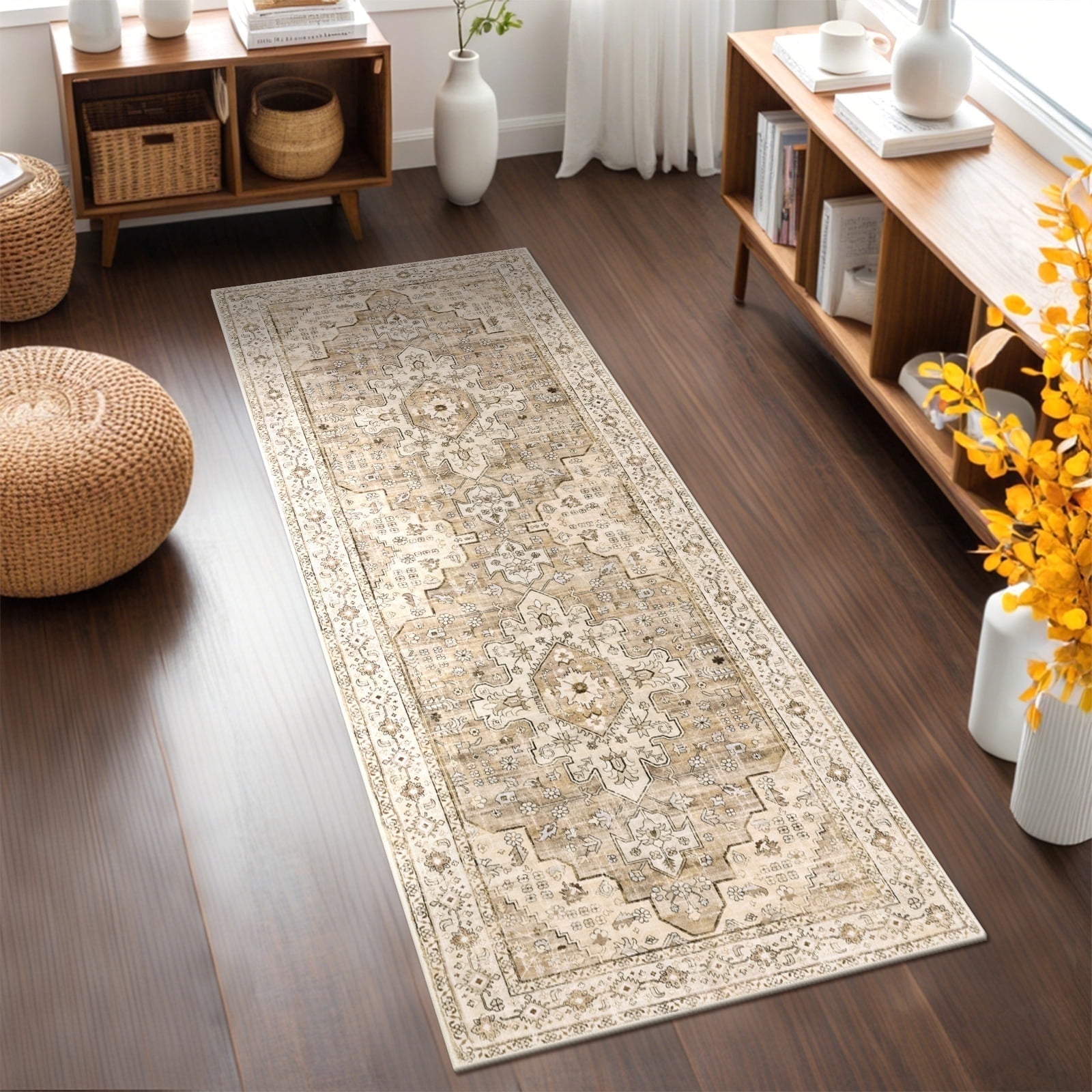 LOKHOM 2' x 6' Bohemian Runner Rug for Hallway, Medallion Non Slip Washable Rugs for Floor, Laundry, Living Room, Beige Brown