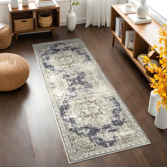 LOKHOM 2' x 6' Bohemian Runner Rug for Hallway, Medallion Non Slip Washable Rugs for Floor, Laundry, Living Room, Gray Brown