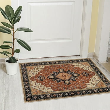 LOKHOM Bohemian Doormats for Outdoor Entrance, 2’x 3’Floral Medallion Washable Door Mat, Non Slip Backing Small Rug