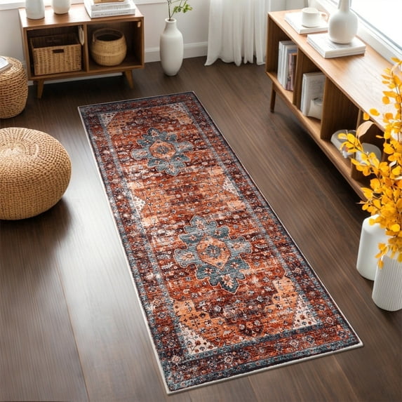 LOKHOM 2' x 6' Bohemian Runner Rug for Hallway, Medallion Non Slip Washable Rugs for Floor, Laundry, Living Room, Red
