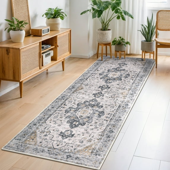 LOKHOM 2' x 6' Bohemian Runner Rug for Hallway, Medallion Non Slip Washable Rugs for Floor, Laundry, Living Room, Light Gray