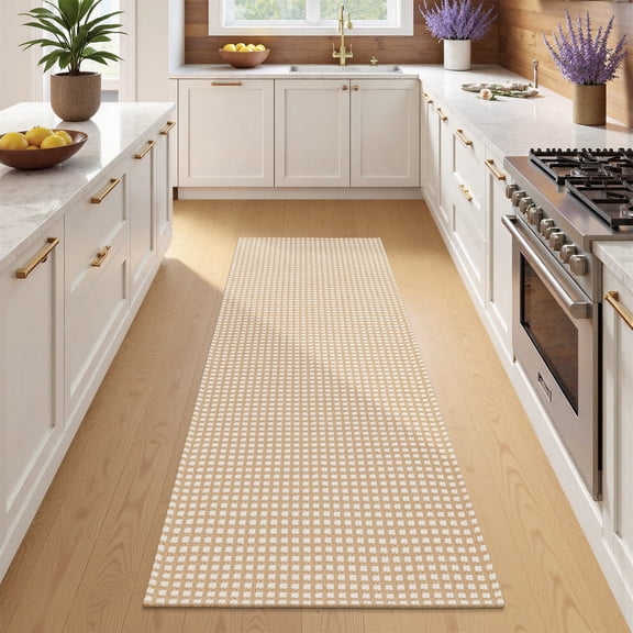 LOKHOM 2'x6' Kitchen Runner Rug, Non Slip Washable Cotton Woven Runners for Hallways, Entryway, Kitchen, Beige White