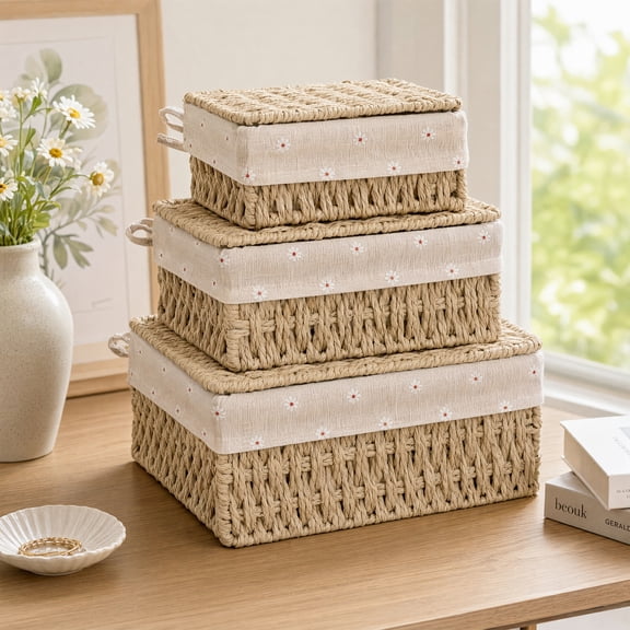 LOKHOM 3 Pack Storage Baskets, Natural Paper Rope Decorative Organizer Bins with Lid and Fabric Liner, Multipurpose Container for Home Decor, Beige