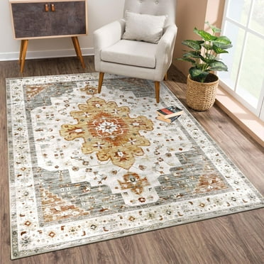 LOKHOM 3'x5' Bohemian Area Rug for Living Room, Non Slip Washable Rugs Vintage Floor Carpet for Bedroom, Kitchen, Turmeric Gray