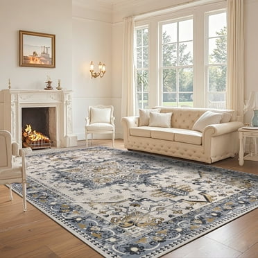 LOKHOM 5'x7' Boho Area Rug for Living Room, Non Slip Machine Washable Rugs Vintage Floor Carpet for Bedroom Dinning Room Kitchen, Beige Gray