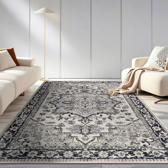 LOKHOM 5'x7' Boho Area Rug for Living Room, Non Slip Machine Washable Rugs Vintage Floor Carpet for Bedroom Dinning Room Kitchen, Black Coffee