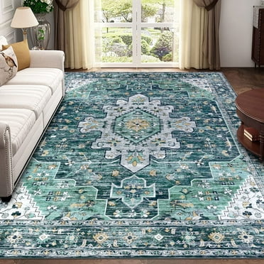 LOKHOM 5'x7' Bohemian Area Rug for Living Room, Non Slip Washable Rugs Vintage Floor Carpet for Bedroom, Kitchen, Teal Blue