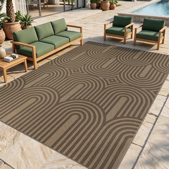 LOKHOM 6'x9' Faux Jute Outdoor Rugs, Geometric Area Rug for Living Room, Washable Non Slip Indoor Outdoor Carpet for Patio Backyard Bedroom, Beige Brown