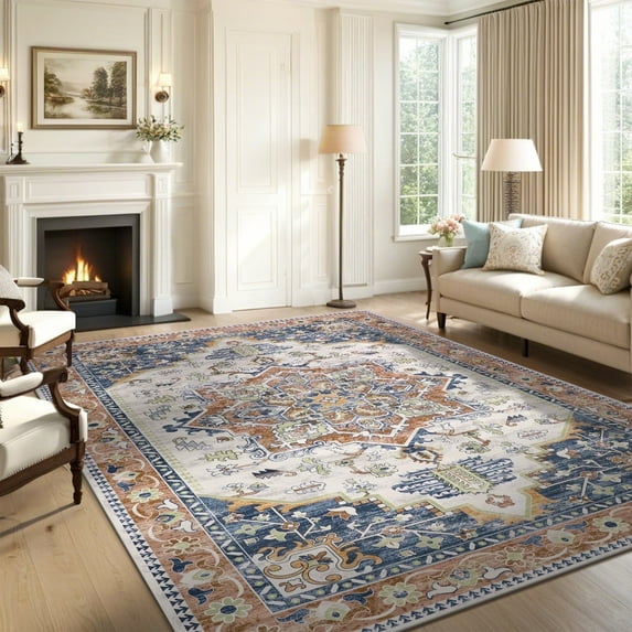 LOKHOM 8'x10' Boho Area Rug for Living Room, Non Slip Machine Washable Rugs Vintage Floor Carpet for Bedroom Dinning Room Kitchen, Blue Orange