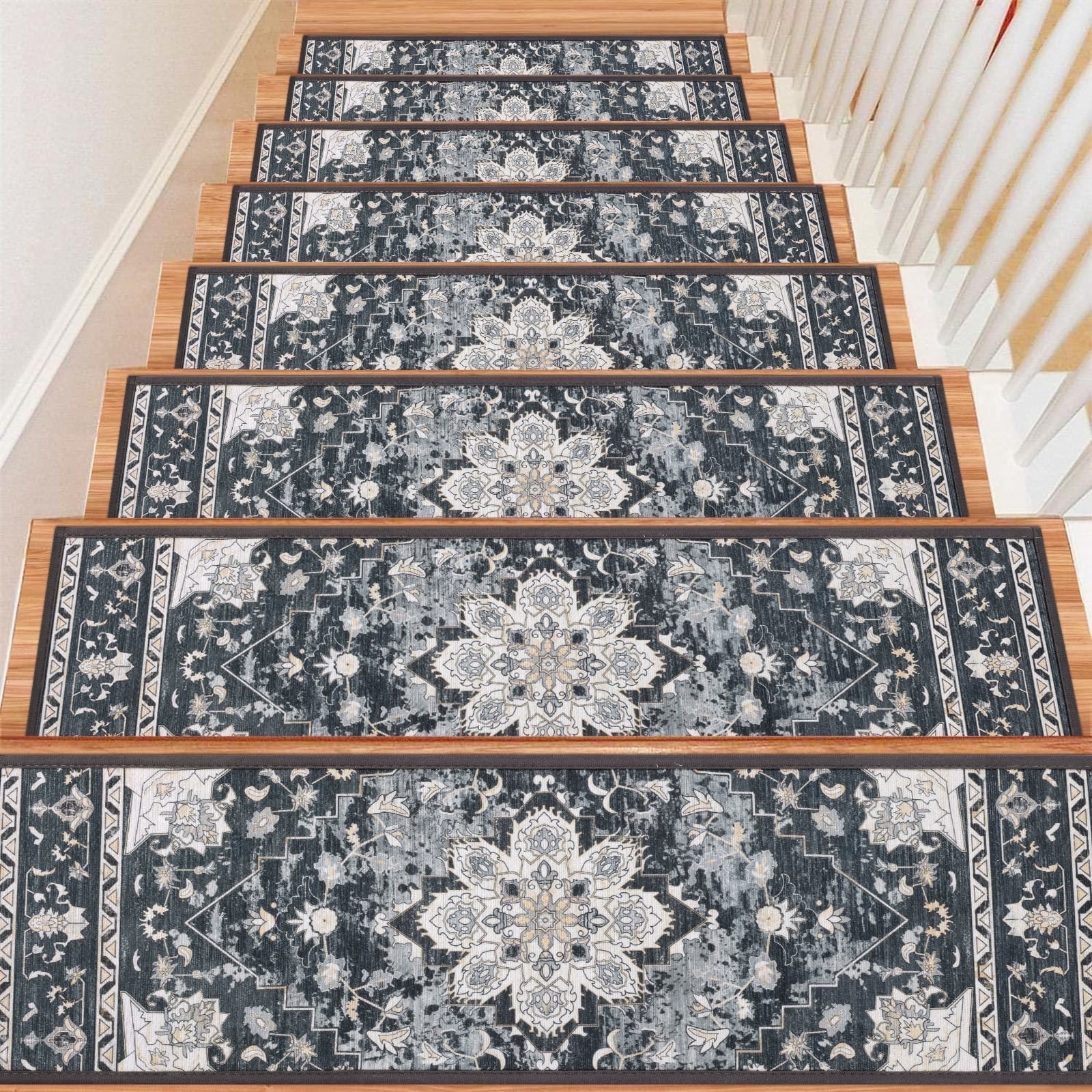 Bohemian Stair Treads – 15 Pack, 8” X 30”, Non-Slip Carpet With TPR Reusable Adhesive, Residue-Free, For Wood, Tile, Marble, Or Glass Stairs – Red Boho Pattern