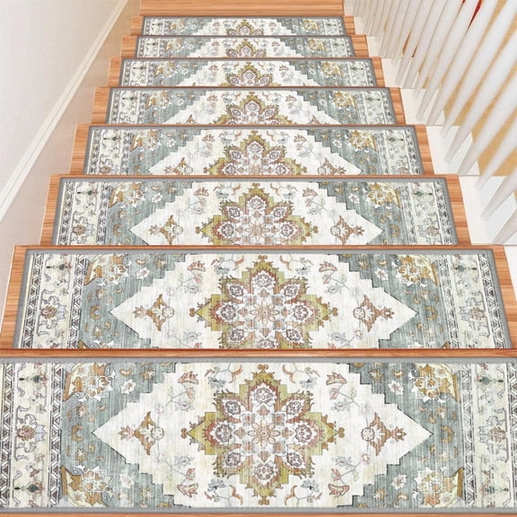 LOKHOM 15 Pack Carpet Stair Treads for Wooden Steps Indoor 8" X 30" Non Slip Staircase Step Treads for Dogs, Kids and Elders, Green/Yellow