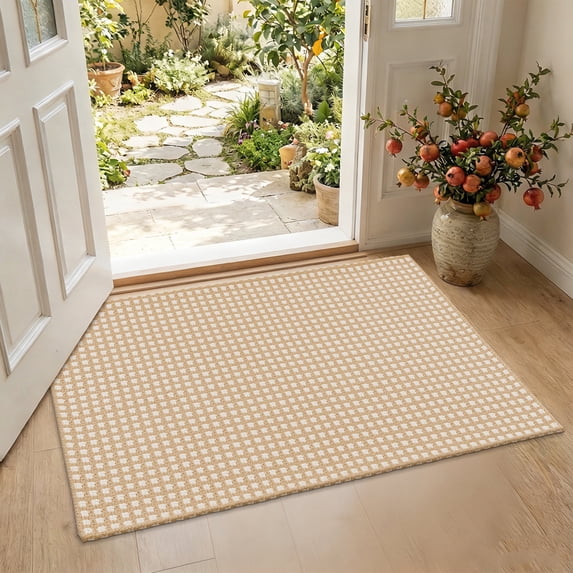 LOKHOM 2'x3' Cotton Woven Kitchen Rug, Non Slip Washable Front Doormat, Indoor Door Mat for Front Porch Kitchen Bedroom, Beige White