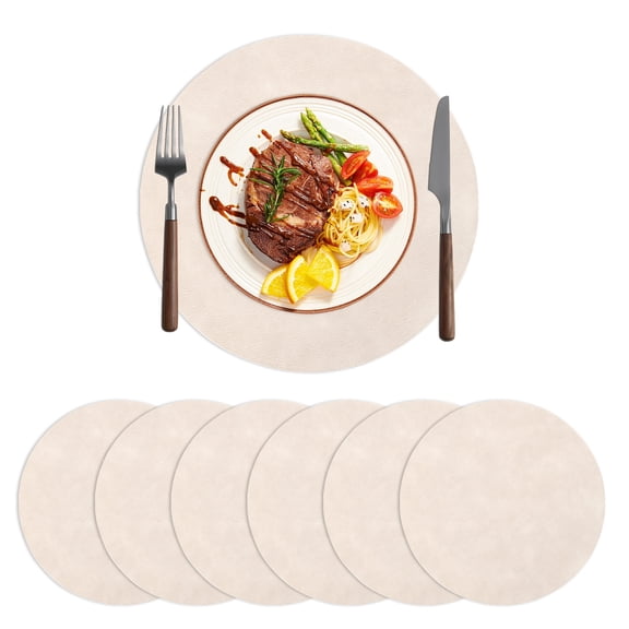 LOKHOM Faux Leather Placemats Set of 6, 13inch Waterproof Oil-Proof PU Round Placemat, Heat Resistant Reversible Table Mats for Kitchen, Dining, Beige