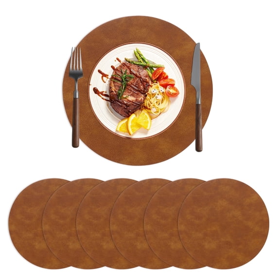 LOKHOM 13" Round Placemats Set of 6, Faux Leather Waterproof Heat Resistant Placemats, Reversible Solid Table Mats for Kitchen Dining Room, Brown