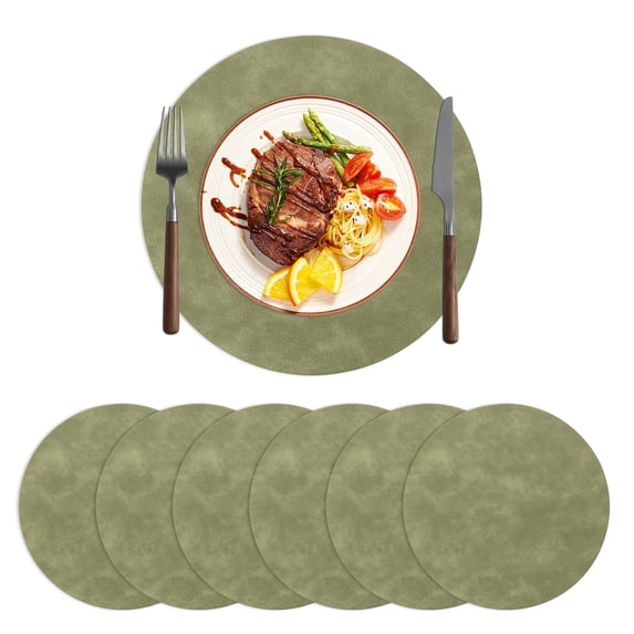 LOKHOM 13" Round Placemats Set of 6, Faux Leather Waterproof Heat Resistant Placemats, Reversible Solid Table Mats for Kitchen Dining Room, Green