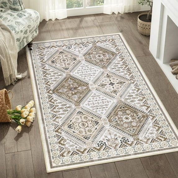 LOKHOM 3'x5' Oriental Area Rug for Living Room, Machine Washable Non-Slip Vintage Carpet, Beige